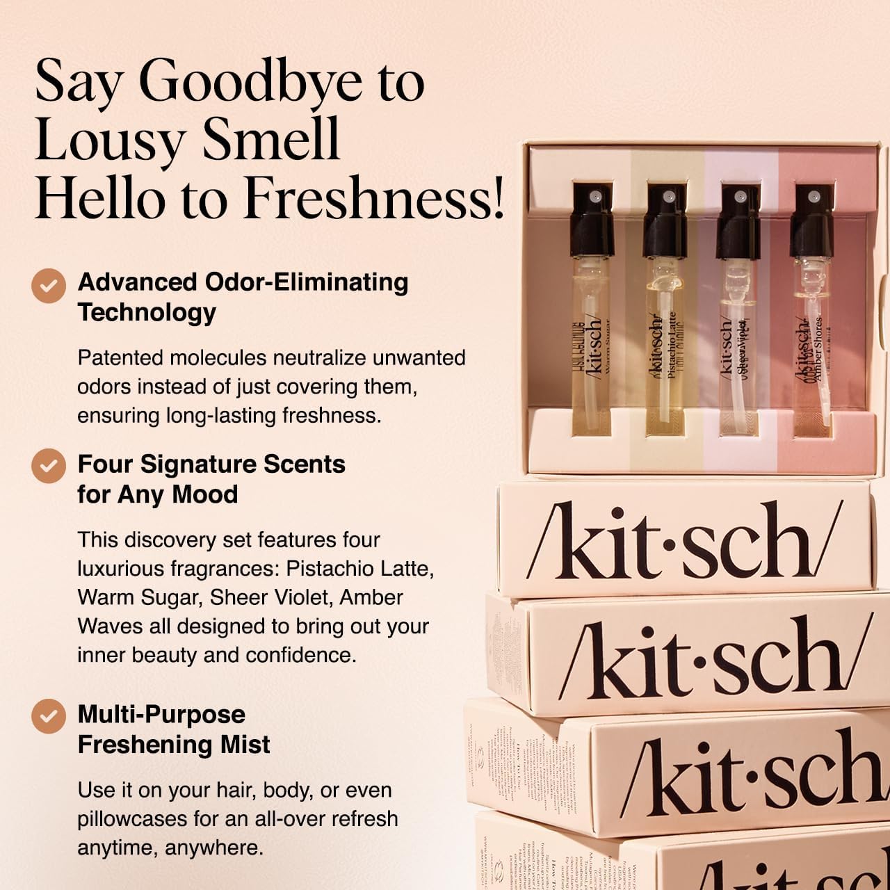 Kitsch Hair Perfume For Women (Discovery Set) - Pistachio Latte, Warm Sugar, Sheer Violet & Amber Waves - Patented Odor-Eliminating Technology, Hair Spray and Body Mist - 4 x 1.5mL