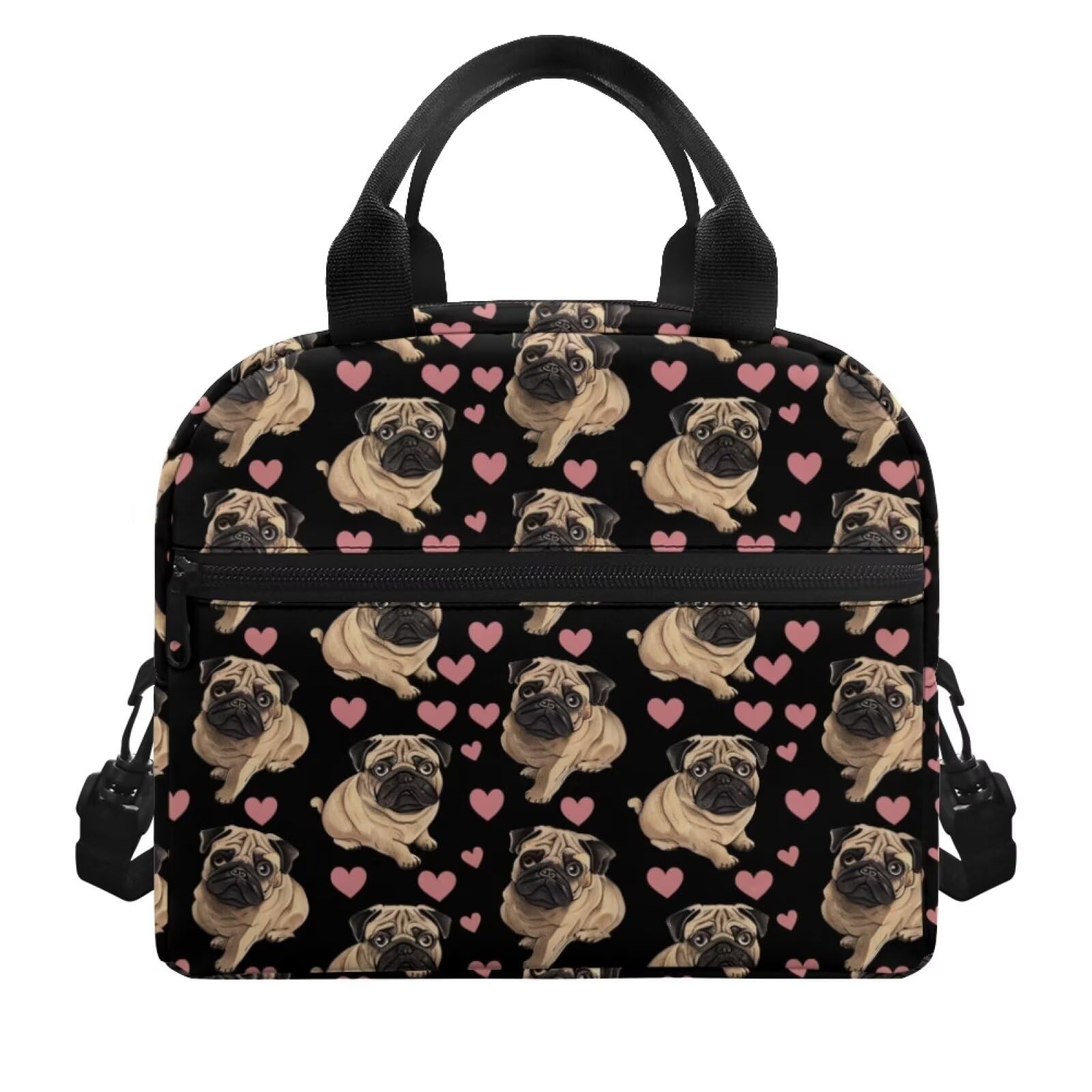 SCRAWLGOD Pug Insulated Lunch Bag for Kids 8-10/10-12/12-14 Girls School Portable Thermal Lunch Box Dog Small Lunchbox Heart Tote Cooler Lunchbag with Shoulder Strap