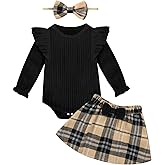 Weixinbuy Baby Girls Fall Outfits 3-Piece Set Long Sleeve Romper & Plaid Skirt Headband Soft Snap Closure 0-18M