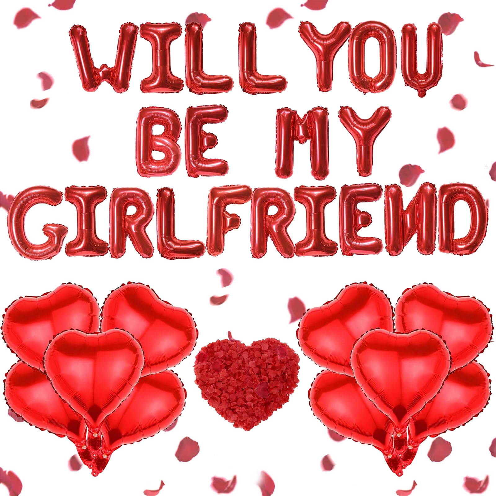 Will You Be My Girlfriend Balloons, 16inch Balloon Letters, Valentines Day Decorations, Red Valentines Day Party Decorations Confetti and Heart Foil Balloon for Valentine Day Supplies