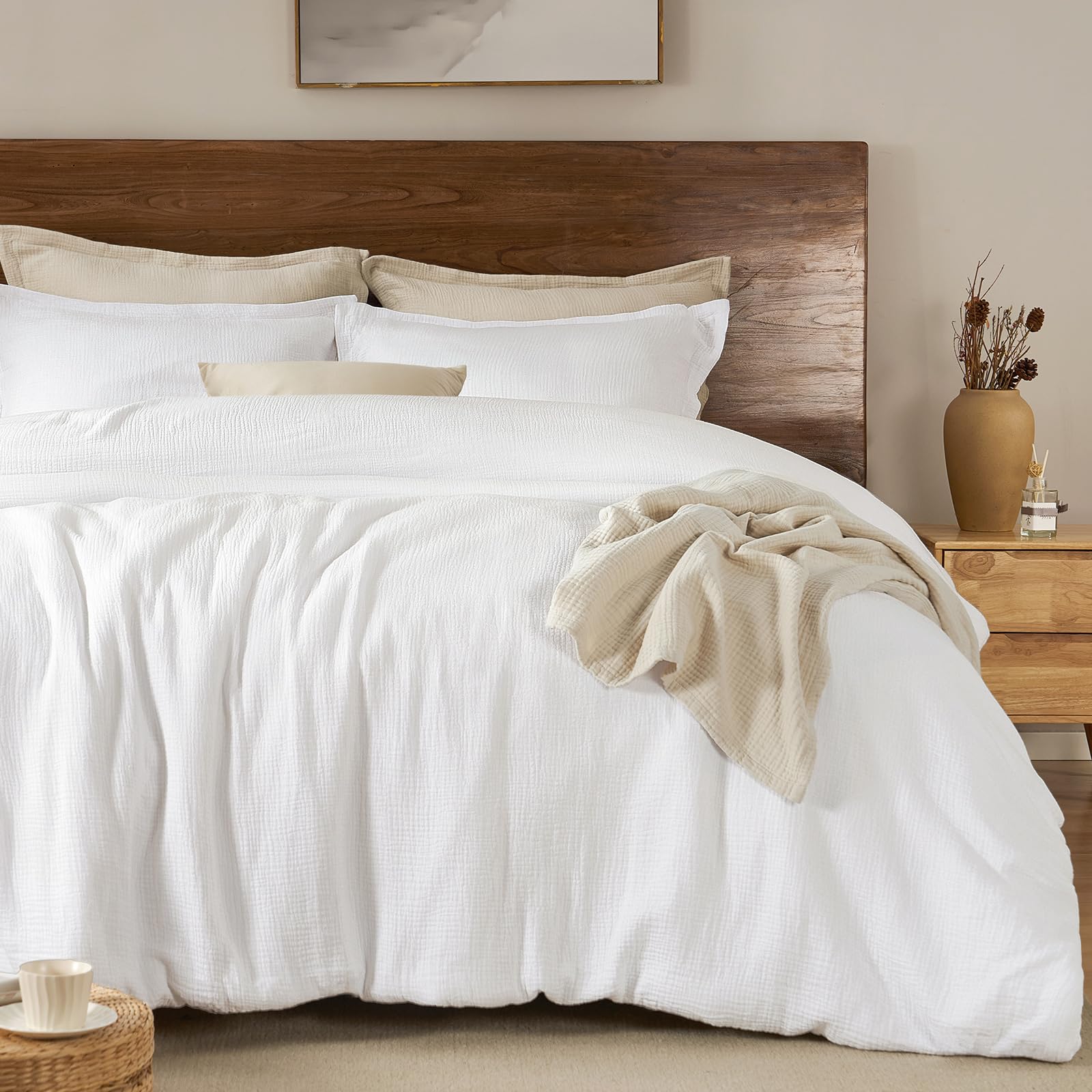 Photo 1 of **DIRT FROM TRANSPORT **PHF Cotton Muslin Comforter Set King Size, Ultra Soft, Breathable & Lightweight All-Season Bedding, Filling: 100% Polyester, 3 Pieces with 1 Comforter 104"x90" and 2 Pillow Shams 20"x36", White