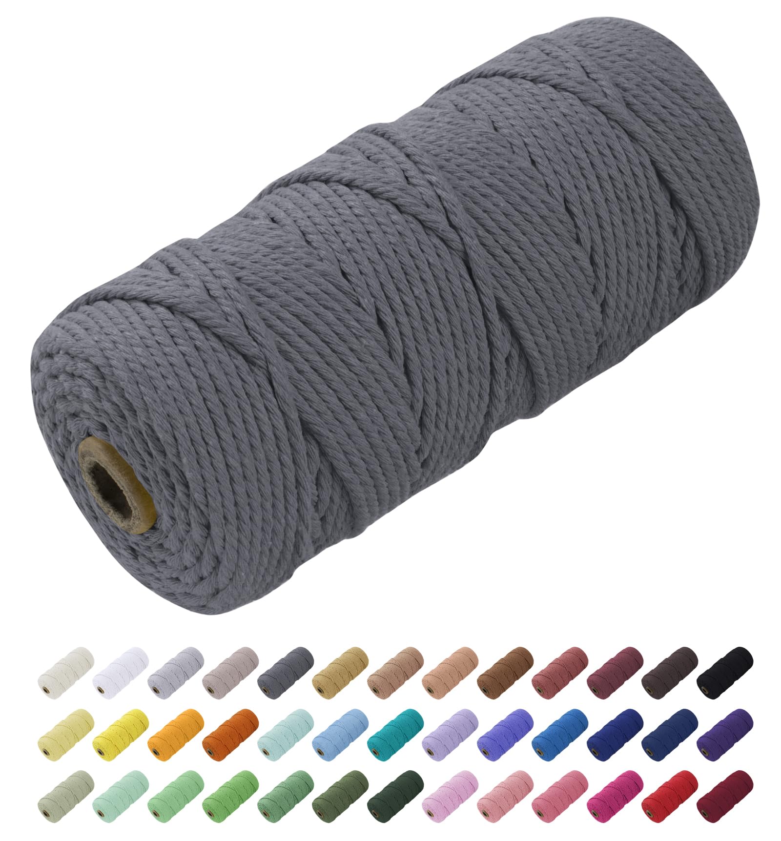 Uiopa Macrame Cord 3mm x 100m, Thick Rope Yarn Natural Cotton Cord, 4-Ply Macrame String for DIY Crafts, Plant Hangers, Wall Hangings, Decorations (Gray)