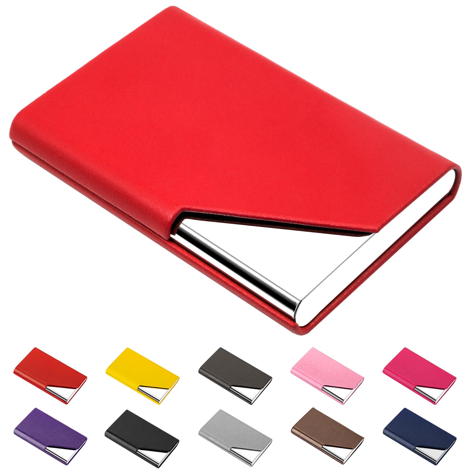 padike Business Name Card Holder Luxury PU Leather & Stainless Steel Multi Card Case,Business Name Card Holder Wallet Credit Card ID Case/Holder for Men & Women (Red)