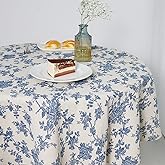 Wracra Cotton Linen Vintage Round Tablecloth Floral Pastoral Table Cloth Washable Table Cover for Indoor&Outdoor,Farmhouse Decor,Picnic,Tabletop Decoration (Blue Floral, Round 55")