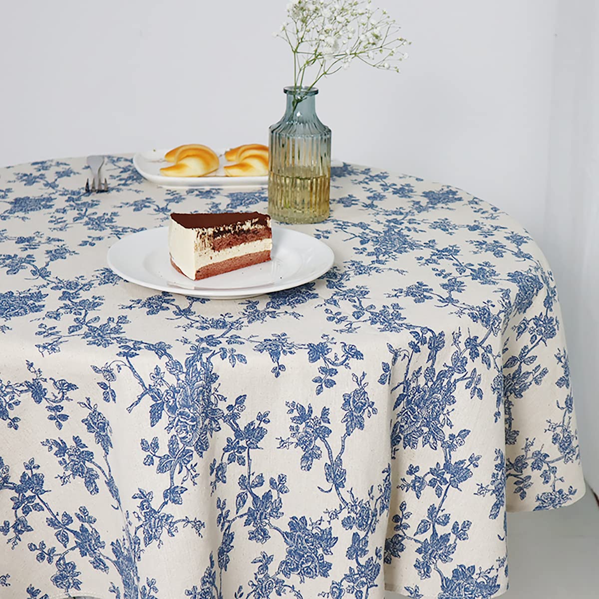 Wracra Blue Floral Pastoral Table Cloth Cotton Linen Vintage 120cm Round Tablecloth Indoor Outdoor Table Cover Suitable for Party,Picnic,Dining,Garden(Blue Floral, Round 120cm)