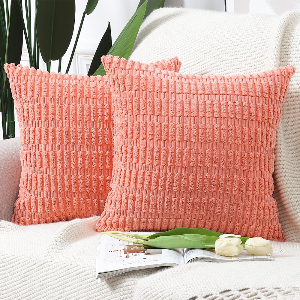 Madizz Pack of 2 Boho Striped Corduroy Throw Pillow Covers 16x16 inch, 40x40 cm, Coral Soft Decorative Cushion Cover for Sofa Bedroom Pillow Shell — image 1