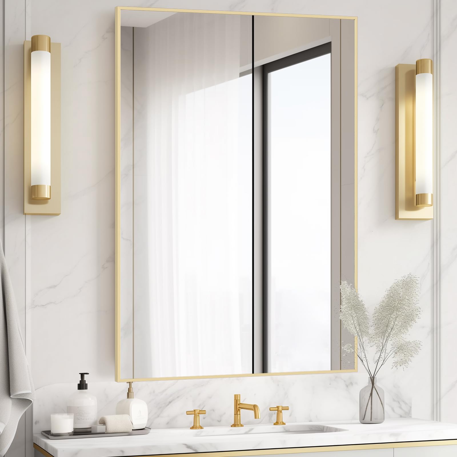 HOMECOOKIN Gold Mirror for Bathroom 28 x 40 Inch Rectangular Bathroom Mirror with Metal Frame, Bathroom Mirror for Over Sink, Hangs Horizontal or Vertical