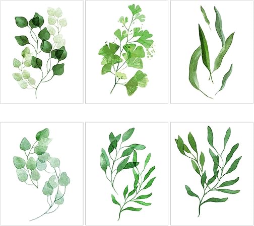 Amazon Com Meishe Art Modern Poster Print Watercolor Leaf Painting Green Leaves Botanical Plant Ginkgo Popular Home Wall Decor 6pcs Posters Prints