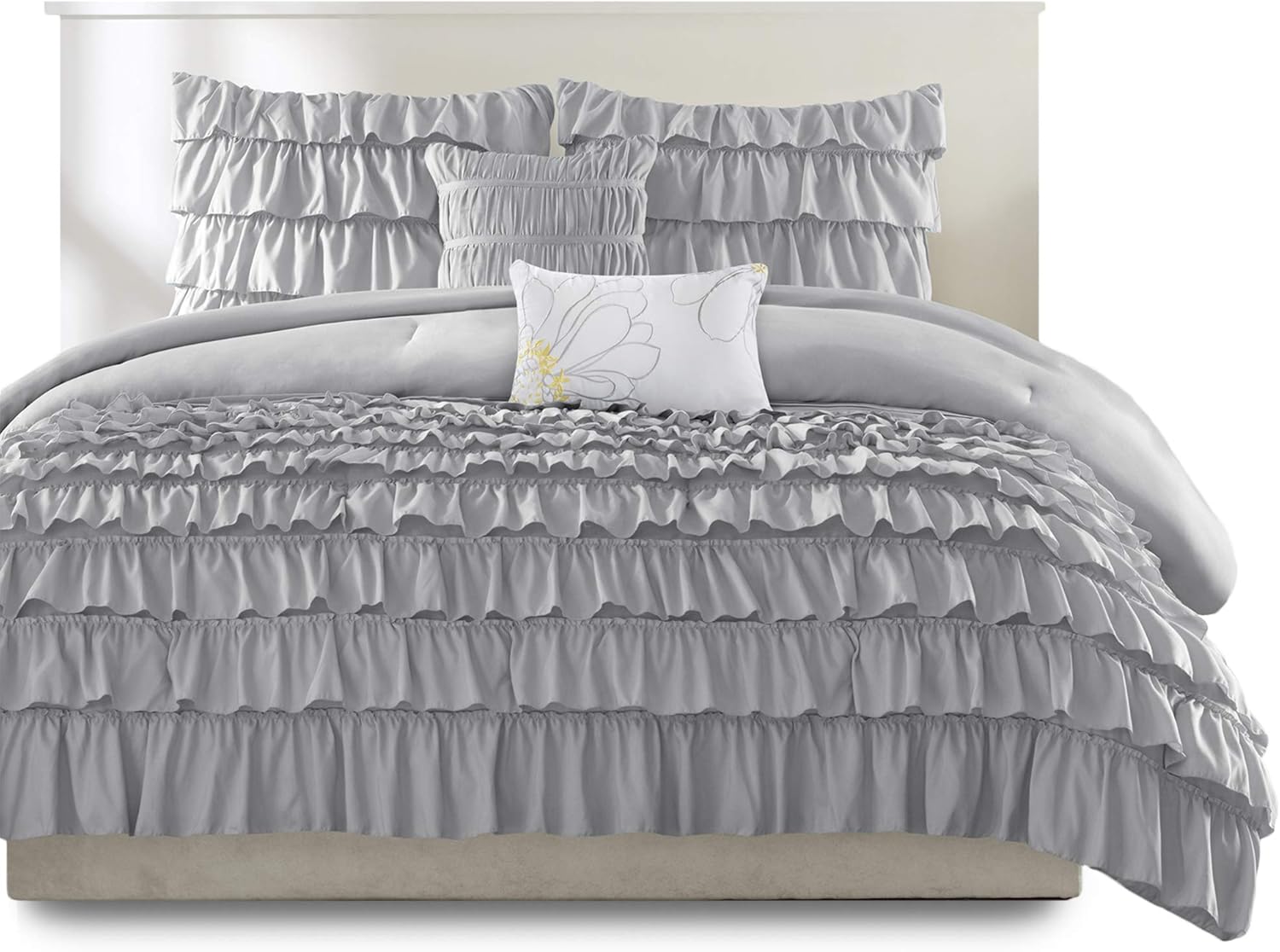 Intelligent Design Waterfall Comforter Reversible Solid Lush Ruffled Stripe Shabby Chic Ultra Soft Microfiber Down Alternative Pleated Decor Pillow Bedding Set, Twin/Twin XL, Grey, 4 Piece: Home & Kitchen