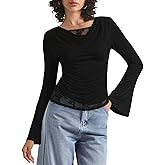 Women's Fall Cowl Neck Long Sleeve Tops, Draped Neck Blouse with Lace, Panel Ruched Slim Fit Casual Elegant Daily Top