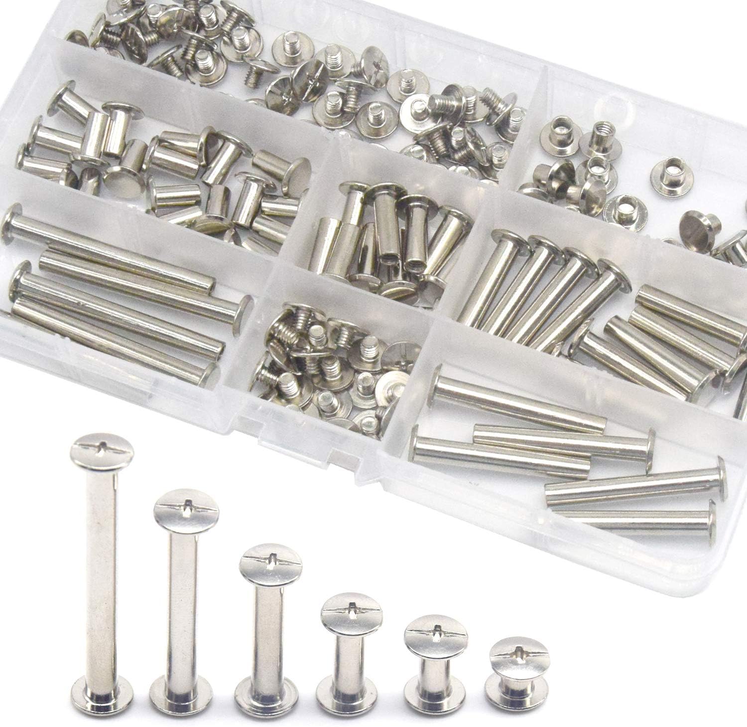 CEEYSEE 140PCS(70Set) Silvery Chicago Screws Assorted Kit Nail Rivet Chicago Button for DIY Leather Decoration Bookbinding Round Flat Head Stud Screw (ZBYC)