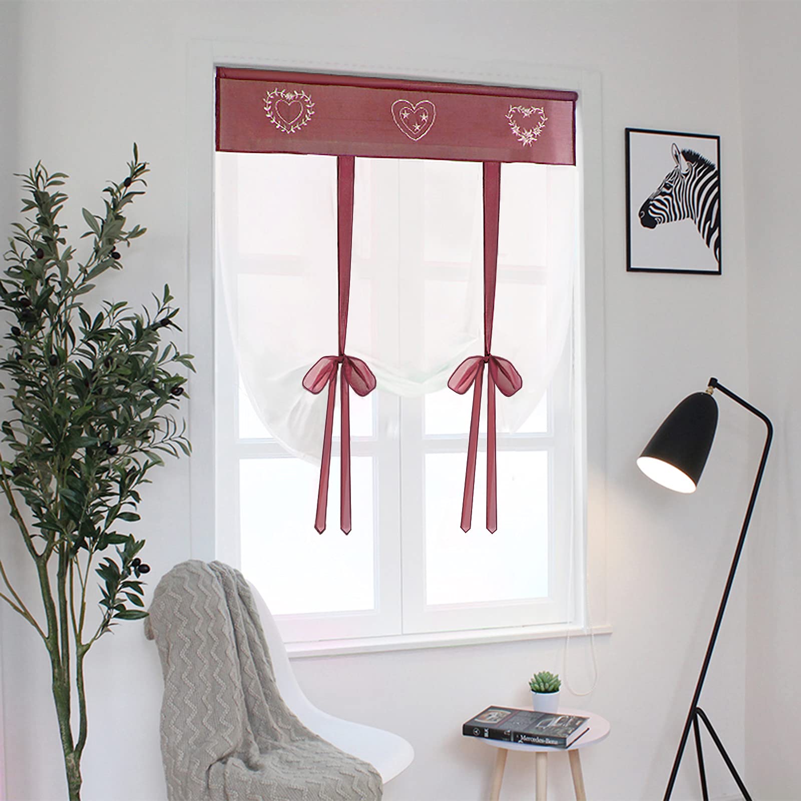 SIMPVALE 1 Piece Tie up Voile Curtain - Embroidery Roman Blind Shade - Sheer Curtains Tulle Panels Window Cover for Bedroom, Study, Bathroom, Kitchen (Red, Width 60cm / Height 120cm)