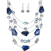 Layered Chunky Beaded Necklace for Women Colorful Multi-Layer Statement Necklace and Earrings Set Gift for Her
