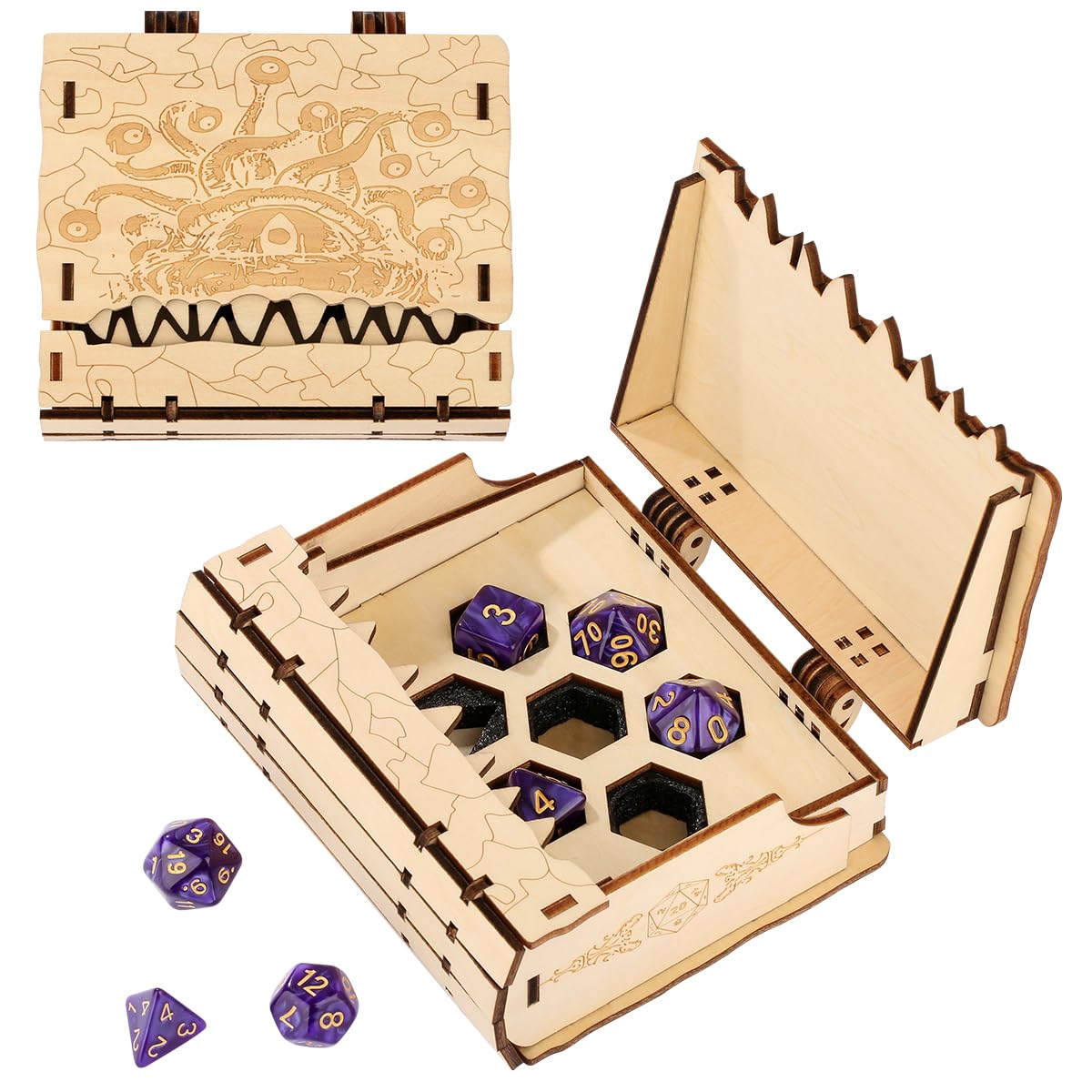 1 Dice Storage Box with 7pcs Polyhedral Dice, Wooden Octopus Teeth Monster Design, D&D Storage Case Container, Role Playing Games Dice Set, Tabletop Gaming Accessories, Creative Gifts for DND Player