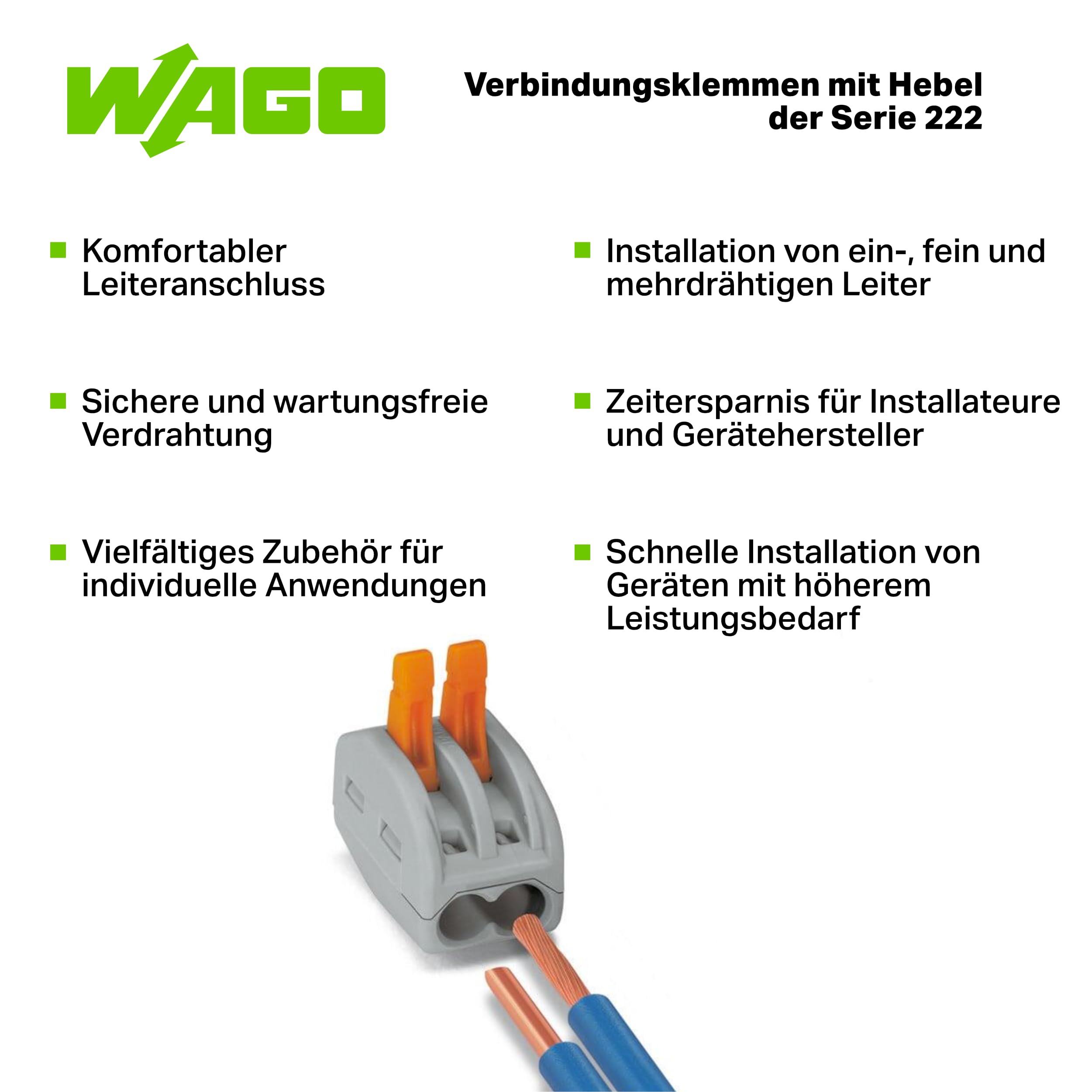 WAGO CLASSIC-Verbindungsklemmen 222-412 | 2 Leiter, bis 4 mm², 50 Stück, CLASSIC Kabelverbinder mit Hebeln für alle Leiterarten weltweit, bestätigte Anwendungssicherheit 4