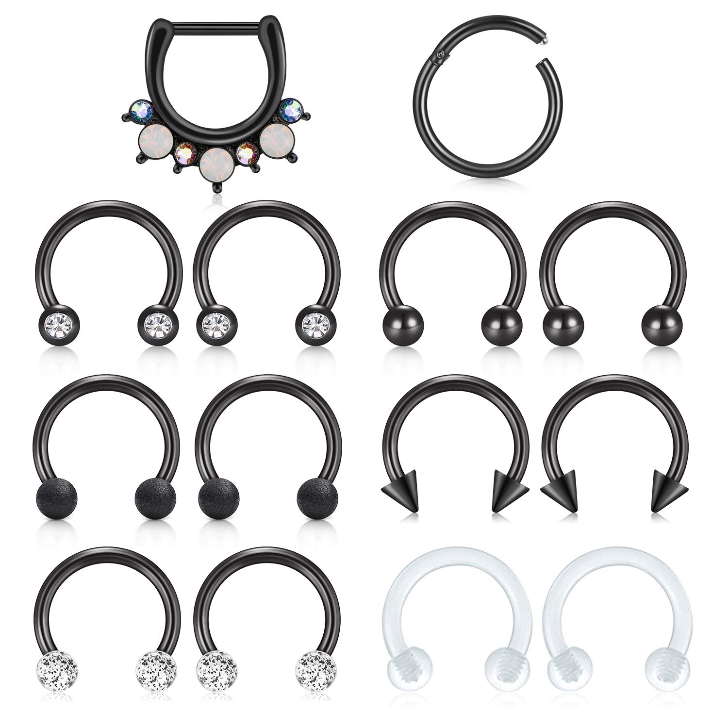 JFORYOU Septum Rings 16G Surgical Steel Nose Hoop Rings for Women Men Horseshoe Barbell Clicker Daith Helix Tragus Lip Cartilage Earrings 14 Pieces
