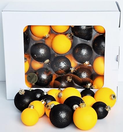 Thüringer Glasdesign JACK 59x Glas Christbaumkugeln 4 5 6 7 cm Hell NEON Orange/Schwarz Kugeln Box