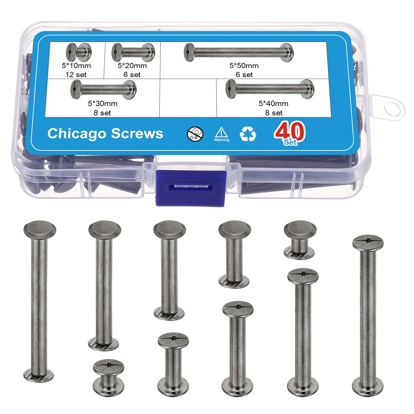 PATIKIL 80Sets Chicago Screws, M5 x 10/20/30/40/50mm Carbon Steel Chicago Screw Phillips Binding Post Screw Rivets for Leather Belt Scrapbook, Black Nickel
