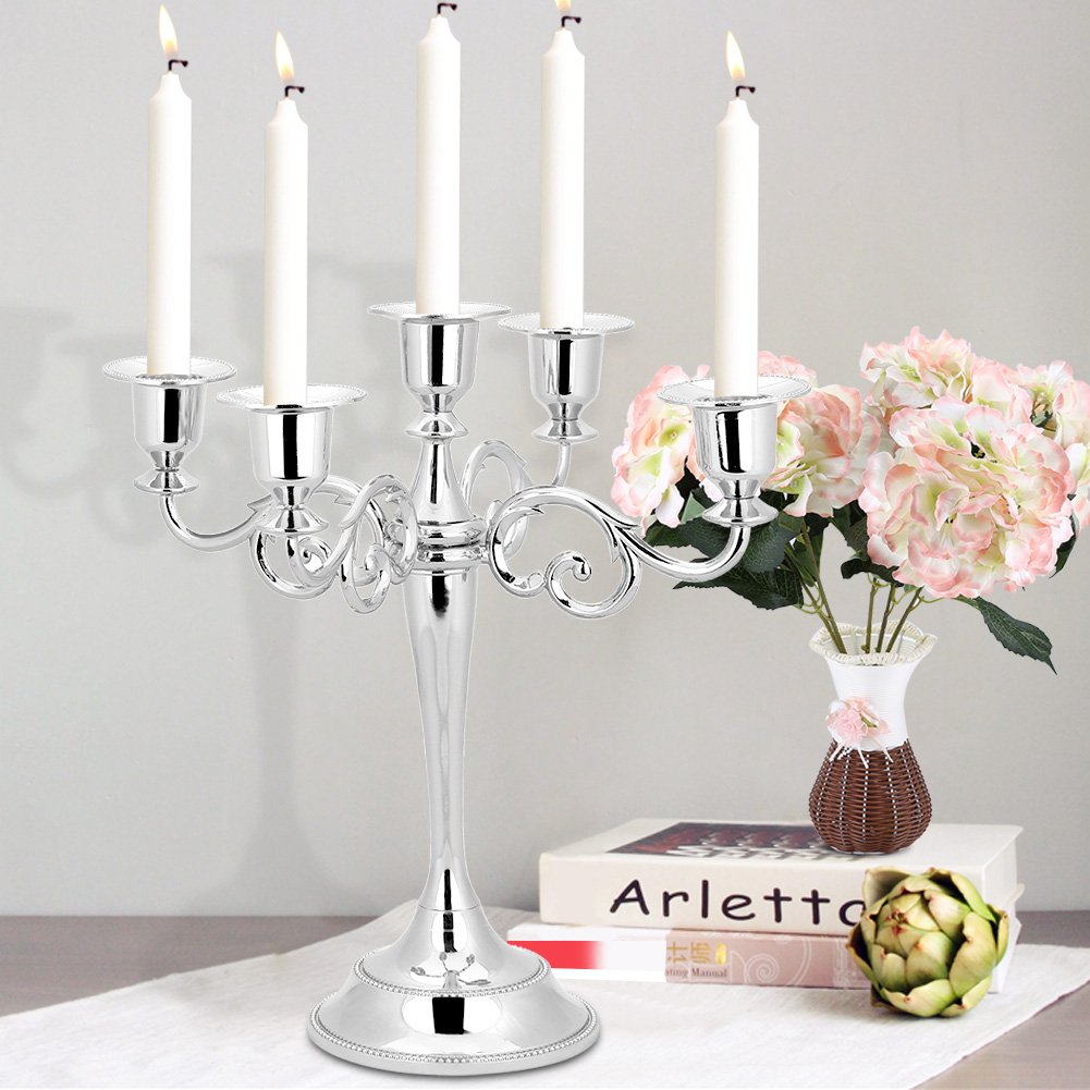 Vintage Silver 5 Arm Candelabra, Metal Candle Holders for Wedding Table Centerpiece, European Style Candlestick Holders for Home Decor, Christmas Birthday Gift