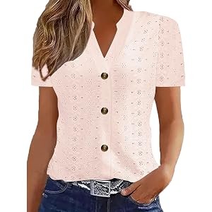 Womens Knit Short Sleeve Tops Eyelet Button V-Neck Shirts Business Summer Beach Blouse Casual Dressy Comfy Outfits