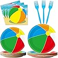 96 Pcs Beach Ball Party Supplies Tableware Summer Pool Ball Party Plates and Napkins Set Beach Birthday Party Favor Decorations For Kids Serves 24