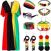 Bokon 9 Pcs Women African Jamaican Accessories Set, Cover Up Rasta Turban Earrings Bracelet Necklace Sunglasses for Juneteeth