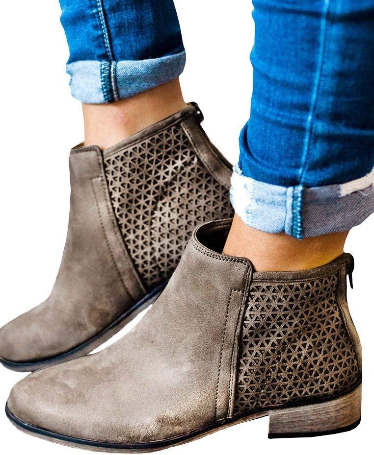 Daomumen Boots for Women Ankle Booties Low Heel Western Side Zipper Pointed Toe Solid Color