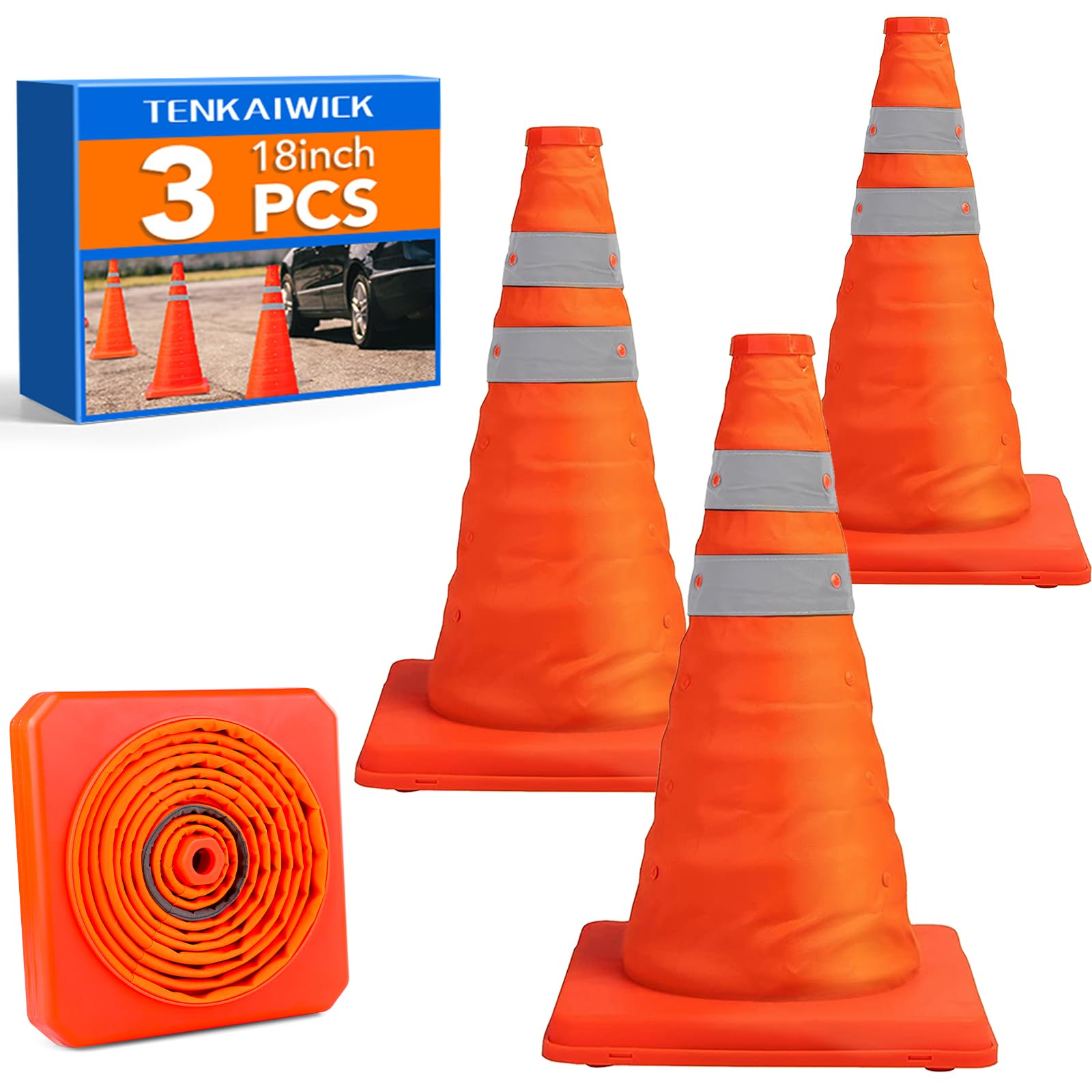 Photo 1 of [3 Pack]18 Inch Collapsible Traffic Safety Cones - Parking Cones with Reflective Collars, Orange Safety Cones for Parking lot, Driveway, Driving Training etc