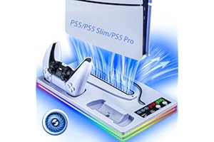 FEGLIEA Ps5/Ps5 Slim/Ps5 Pro Cooling Station with RGB LED, Ps5 Cooling Stand and Controller Charging Station for PS5/ Slim Disc & Digital Edition, PS5 Cooler Fan Accessories for PlayStation 5 Slim, USB Hub