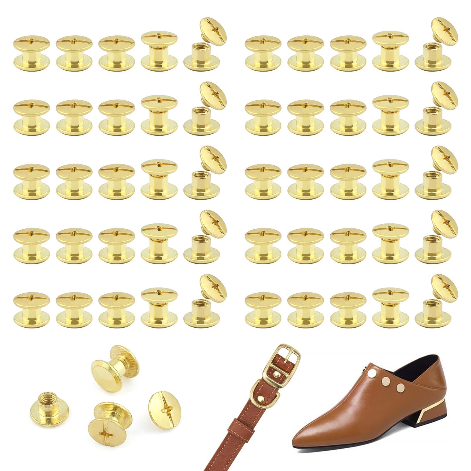JJWNMLL 100 Sets Chicago Screw Posts M5*4mm, Rivet Chicago Binding Screws, Metal Rivet Replacement Repair for Bags, Collar, Harness, Luggage, Purse, Dog Lead, Backpack, Belt - Golden