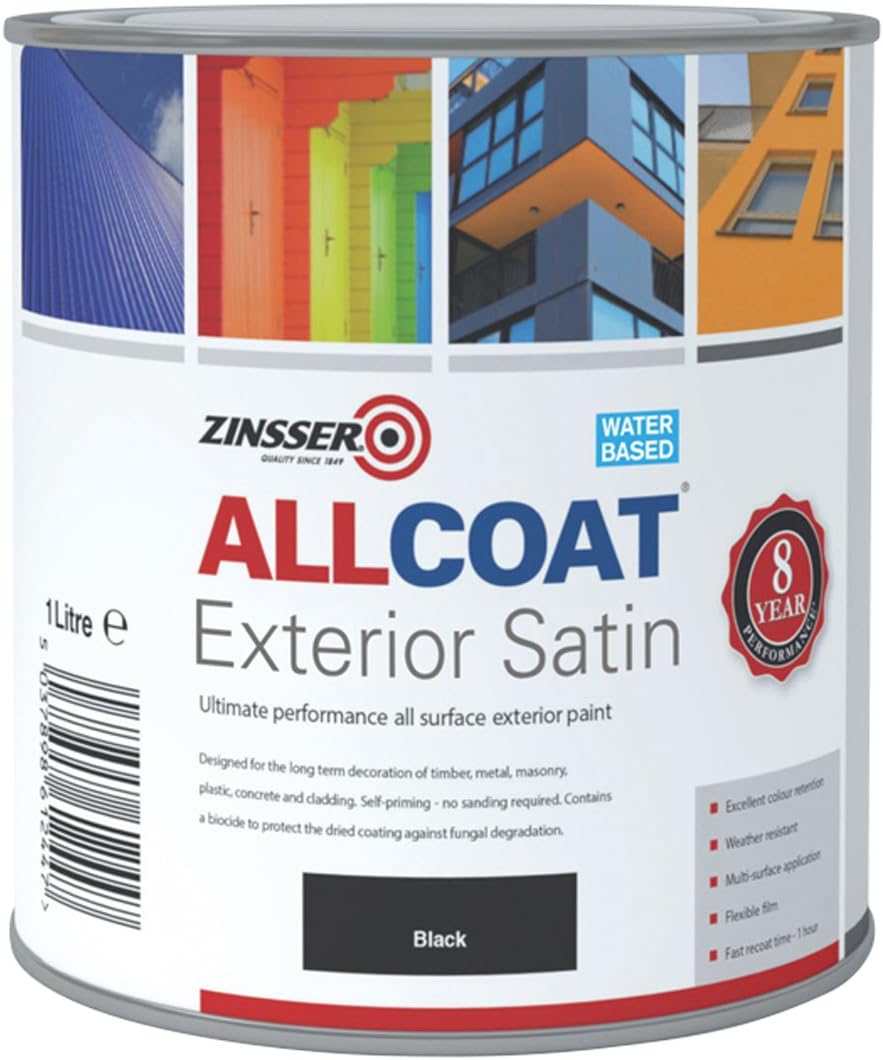 Zinsser All Coat Exterior Satin Paint Black 1 Litre Multi-Surface Primer