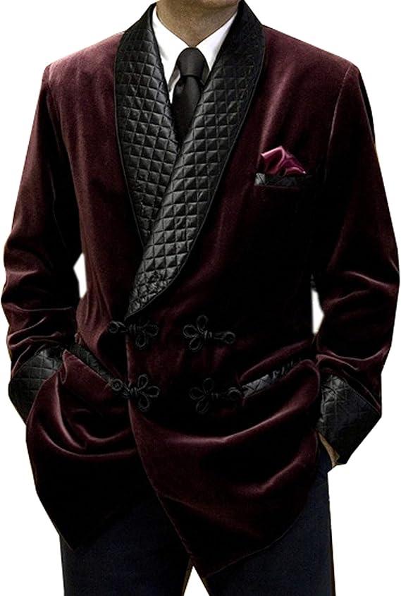 Men's Smoking Jackets Burgundy Velvet Blazer Quilted Smoking Jacket