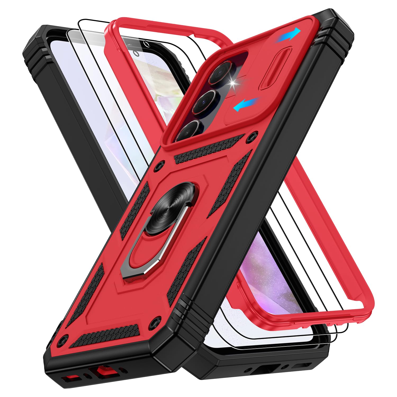 Photo 1 of for Samsung Galaxy A35 5G Case with Slide Camera Cover & Screen Protector (2 PCS), A35 Case Build in 360° Rotating Ring Kickstand, Military Grade Protective Case for Galaxy A35 Phone Cases, Red+Black