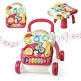 Sit to Stand Baby Walker, Activity Center with Music and Light, Activity Table for Toddlers, Push Toys for Babies Learning to Walk, Early Education Toys for Infant Boys Girls 6 Months Up (Red)