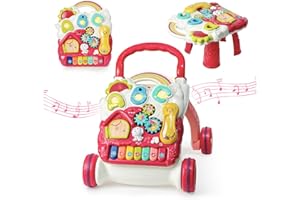 CUTERABIT Sit to Stand Baby Walker, Activity Center with Music and Light, Activity Table for Toddlers, Push Toys for Babies Learning to Walk, Early Education Toys for Infant Boys Girls 6 Months Up (Red)