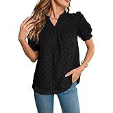 Falechay Tops For Women 2025 Boho Floral Short Puff Sleeve Shirts Summer Flowy V Neck Casual Lace Blouses