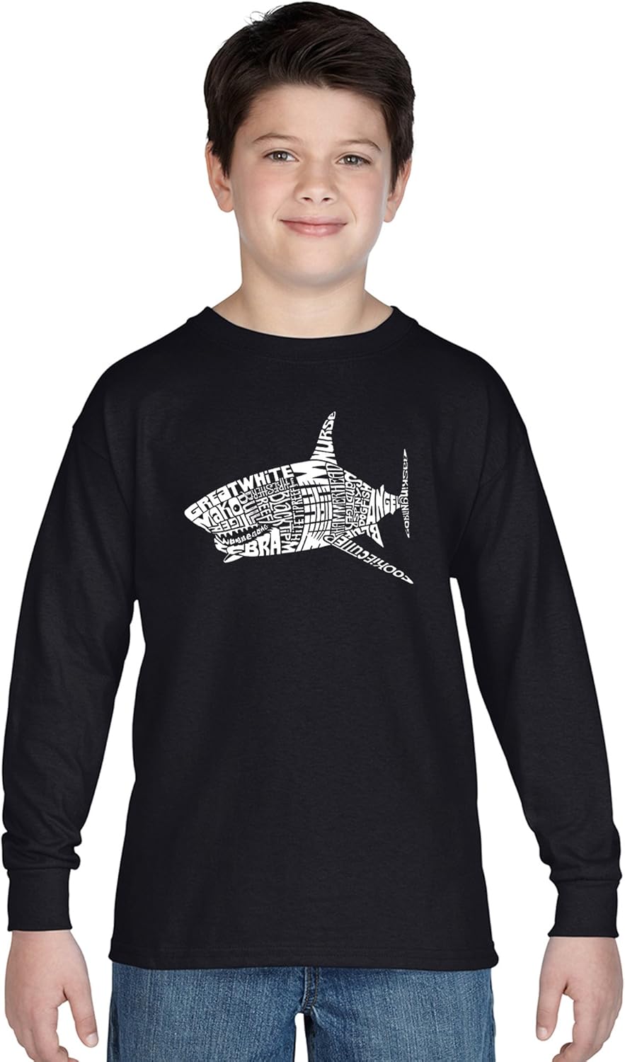 LA POP ART Boy's Long Sleeve Word Art T-Shirt - Species of Shark