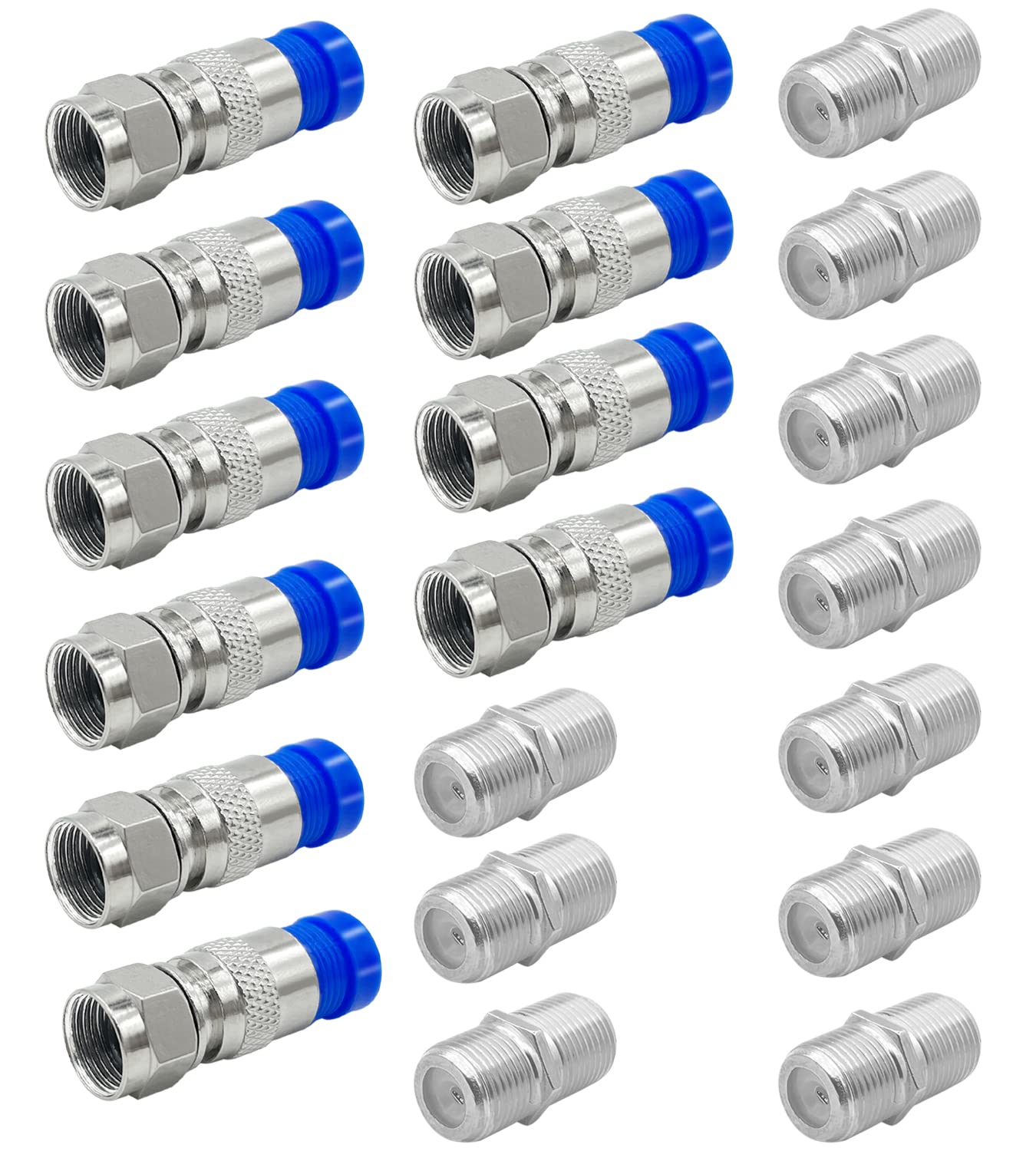 CKANDAY 10 Pack RG6 F Type Compression Connector + 10 Pcs Coaxial Cable Extender Connector, F-Type Coaxial Cable Coax Converter Wire Connector Adapter Female to Female for TV Cables, Blue/Silver