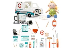 umu Wooden Doctor Kit for Kids,First Aid Kit Playset for Toddlers, Montessori Toys 20pcs Pretend Play Medical Kit with Ambulance Toy & Blond Muppet doll, Doctor Role Play Set for Girls Age 3 4 5 6 7
