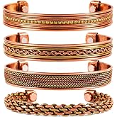 Touchstone magnetic copper bracelets for men women in gift box, Set of 4 | 100% pure solid real copper adjustable unisex cuff bracelet combo; handmade rope braided tibetan bangles; gift for men women
