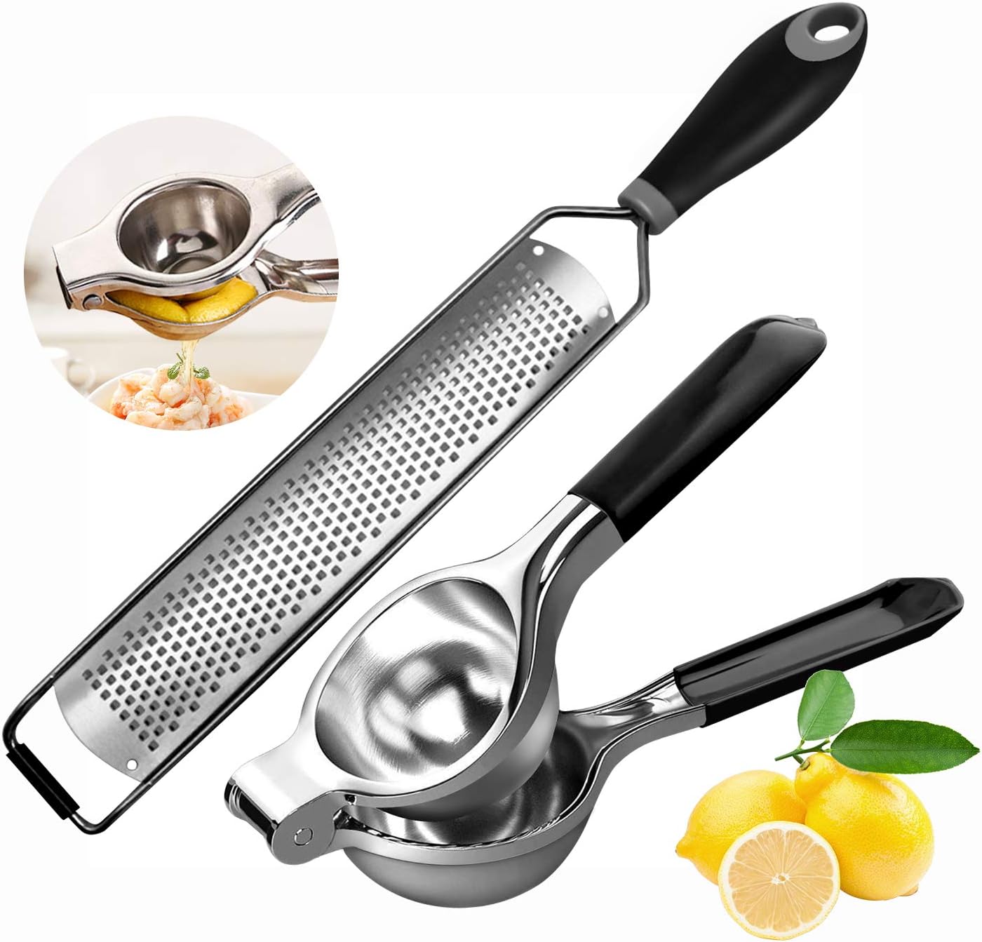 2 PK Lemon Lime Squeezer Press Stainless Steel Hand Juicer with Silicone Handles, Citrus Zester Cheese Grater with Sharp Blade, Protective Cover for Parmesan Cheese, Lemon, Ginger, Garlic