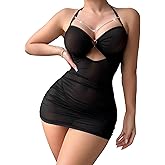 ADOME Lingerie for Women Sheer Ruched Bodycon Mesh Babydoll Halter Lingerie Sexy Chain Dress