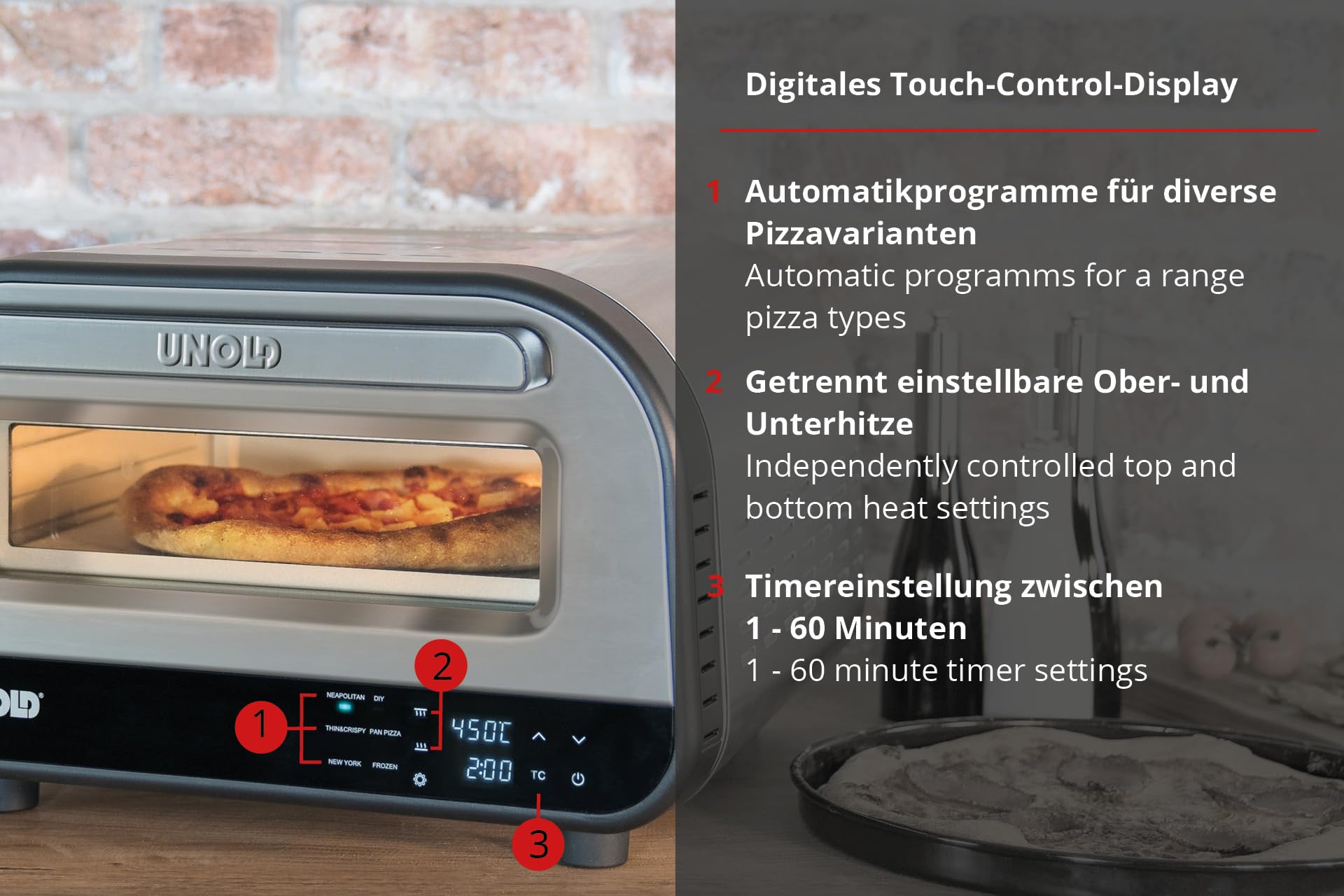 Unold Pizzaofen LUIGI 68816 | Elektrischer Pizza Ofen aus rostfreiem Edelstahl mit Pizzastein mit bis zu 450°C, nur ca. 2 Minuten Backzeit, energiesparend, 1.700 Watt 5