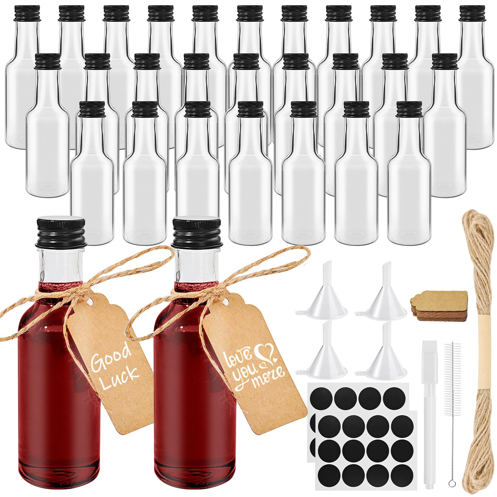 Furuising 28 Pack Mini Liquor Bottles 50ml/1.7 Oz, Reusable Miniature Alcohol Bottles, Empty Plastic Bottles for Alcohol with Screw Cap, Pen, Hangtag, Funnel for Weddings Parties Favors