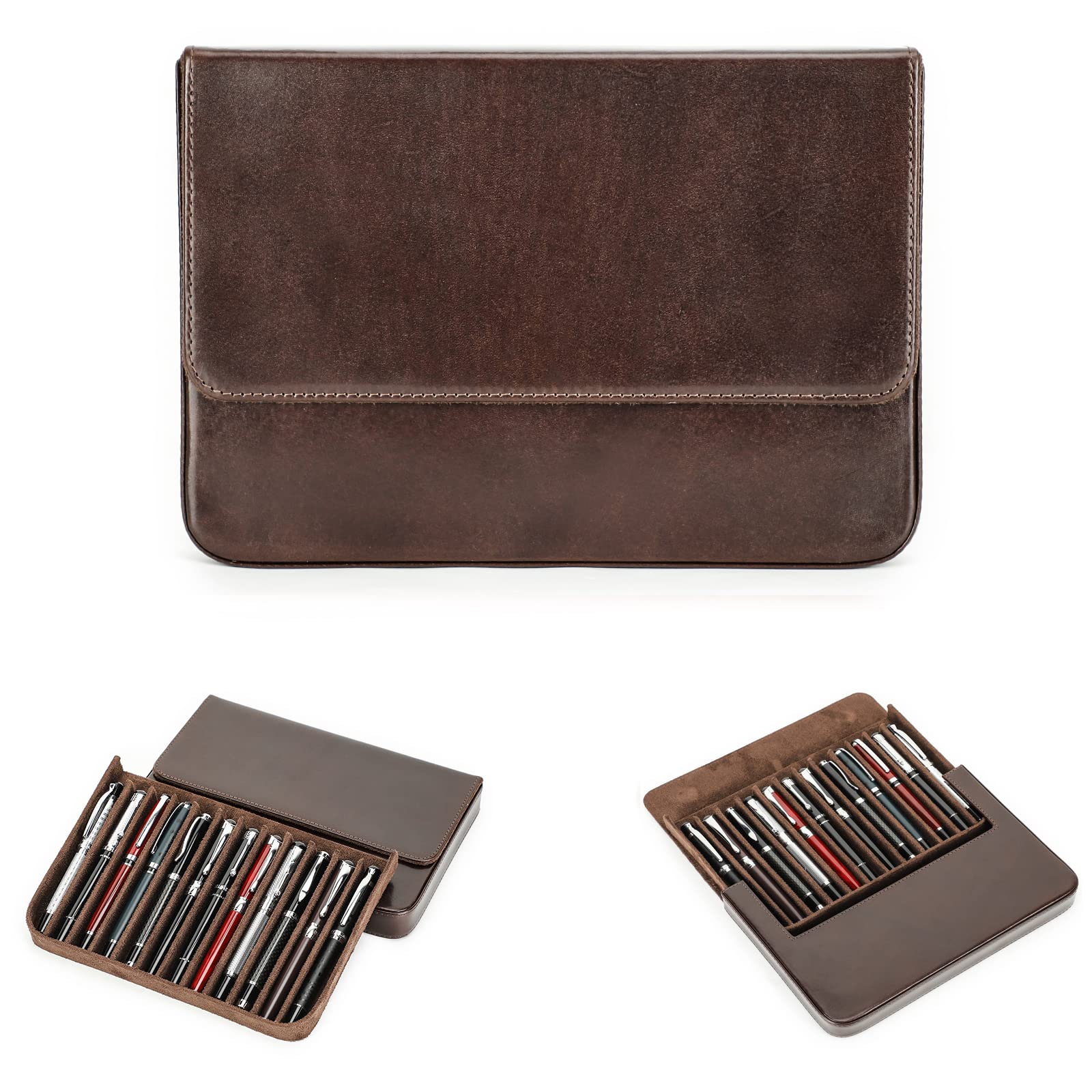 Hiram Leather Pen Case for 12 Pens Vegetable Tanned Leather Fountain Pen Storage Box with Hidden Magnetic Snap Closure and Pens Tray Design(Coffee)