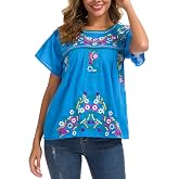 YZXDORWJ Women's Embroidered Mexican Peasant Blouse Mexico Summer Shirt Short Sleeve