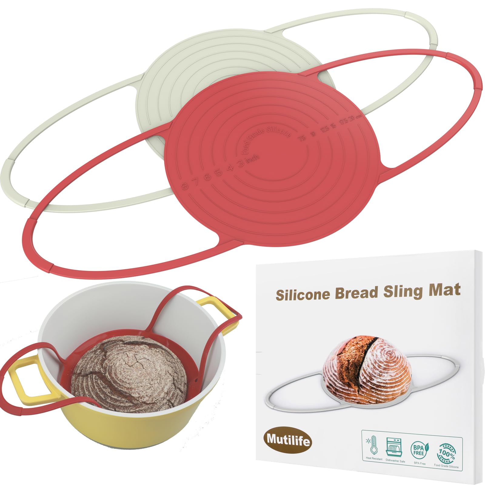 Photo 1 of **2 pack**Silicone Bread Sling Dutch Oven - Non-Stick & Easy Clean Reusable Sourdough Bread Mat Sling with Long Handles,Round Baking Tools and Supplies (Beige & Red)