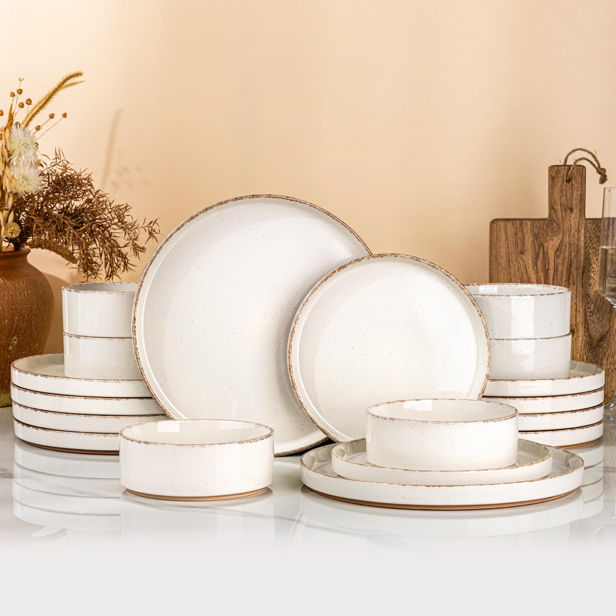 AmorArc Ceramic Dinnerware Sets for 6, 18 Pieces Handpainted Plates and Bowls Set with Rustic Terracotta Underside, Scratch Resistant Stoneware Dishes Set, Dishwasher & Microwave Safe Image