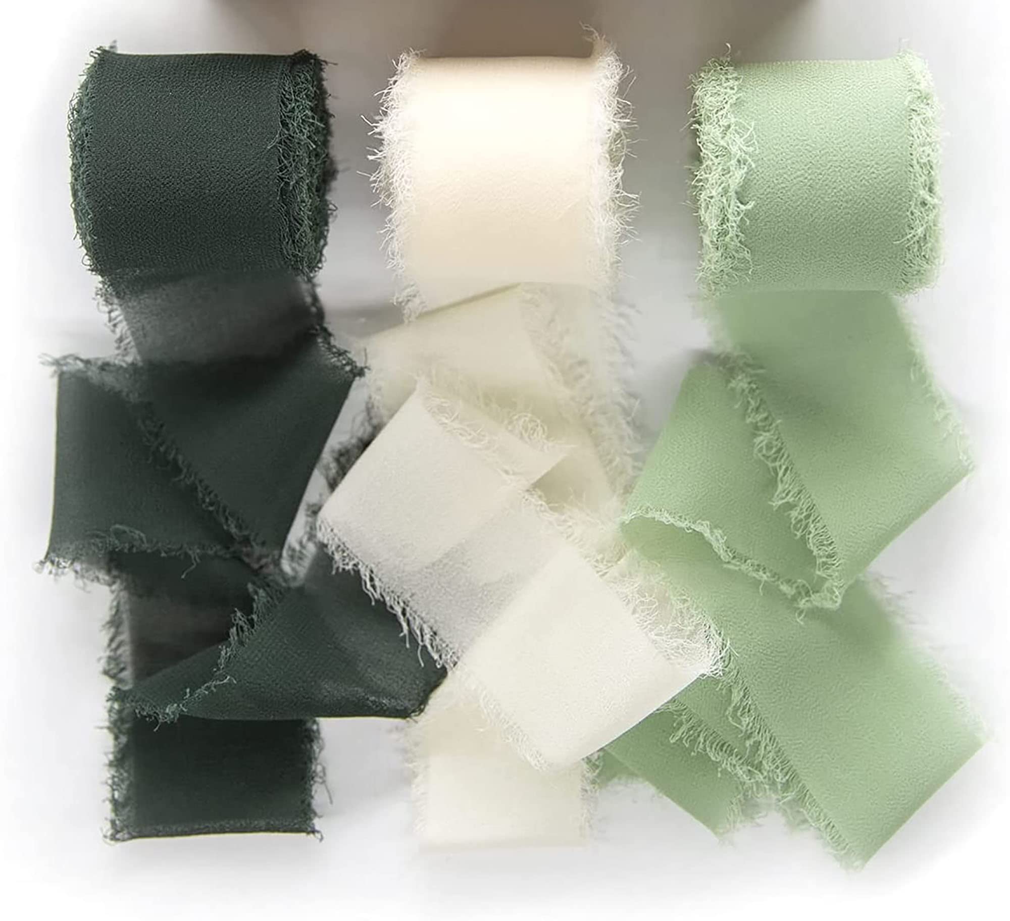 Dloapesy 3 Rolls Handmade Fringe Chiffon Silk Ribbon Gauze 1.5" x 3Yd Ribbons Set for Wedding Invitations, Bridal Bouquets, Gifts Wrapping, DIY Crafts (White and Green)