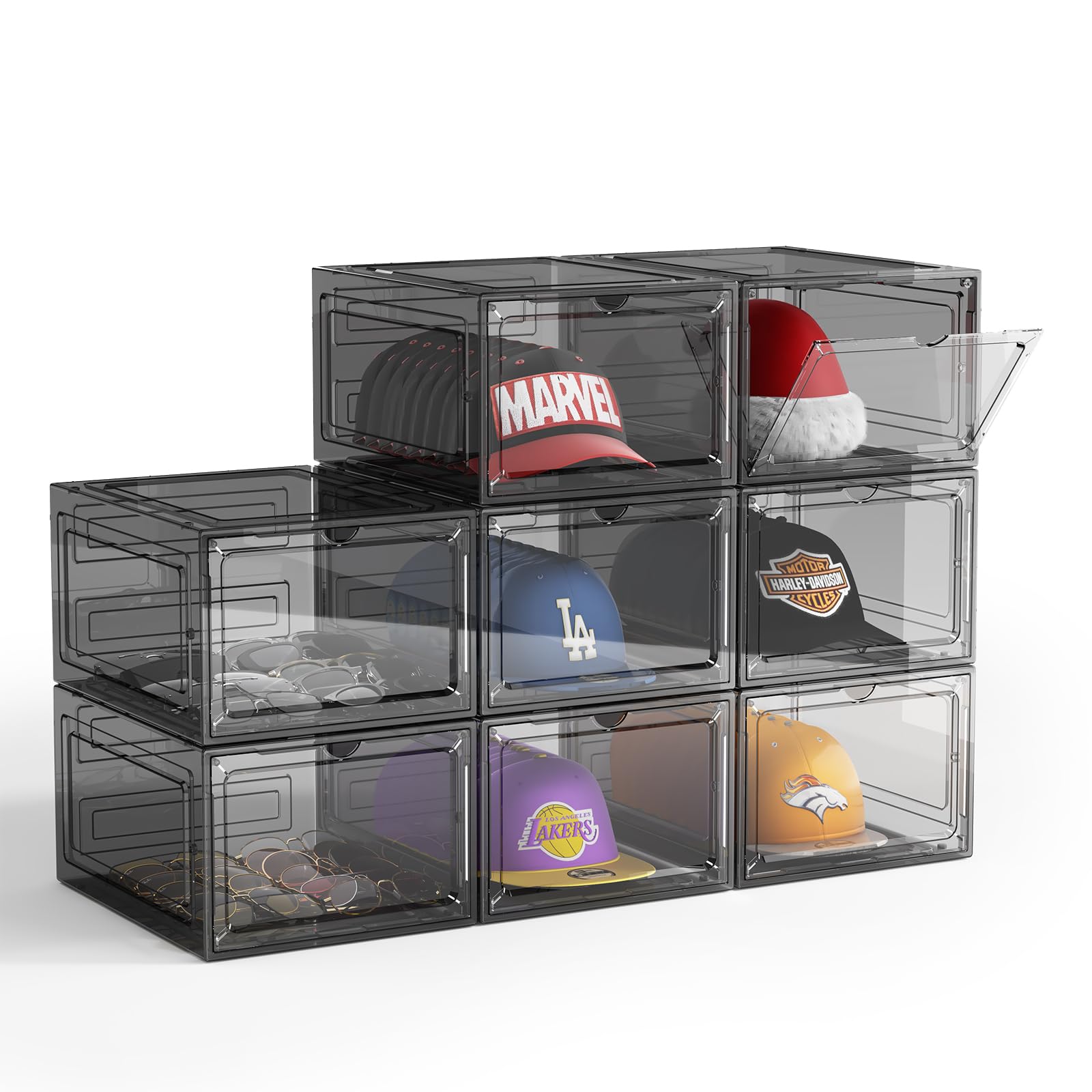 Photo 1 of ZHAIXIAONIAN Hat Organizer Box for Baseball Caps, 8 Pack Clear Plastic Hat Storage Box Display Case with Magnetic Door, Caps Holder Rack for Closet, Snapback Organizer, Hold 8 Cap Each